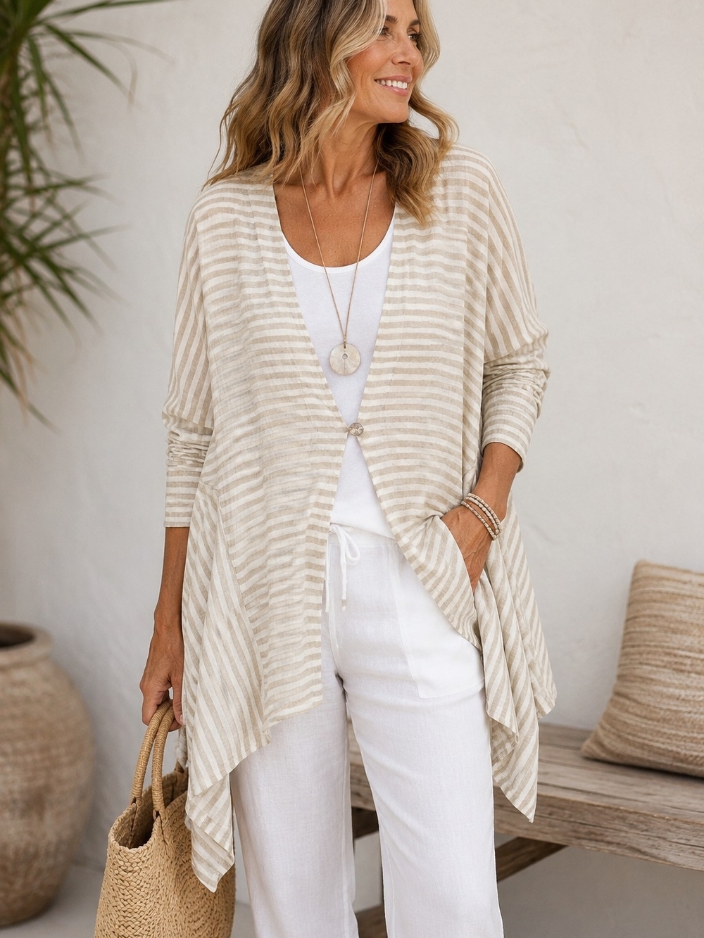 Soft Surroundings 100% Linen Striped Drape Cardigan L Coastal Boho